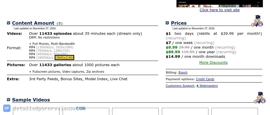 PornInspector Brazzers Network Content Amount box: over 11433 episodes, MP4 formats with 3840x2160 highlighted, last updated on November 27, 2024, next to the Prices box