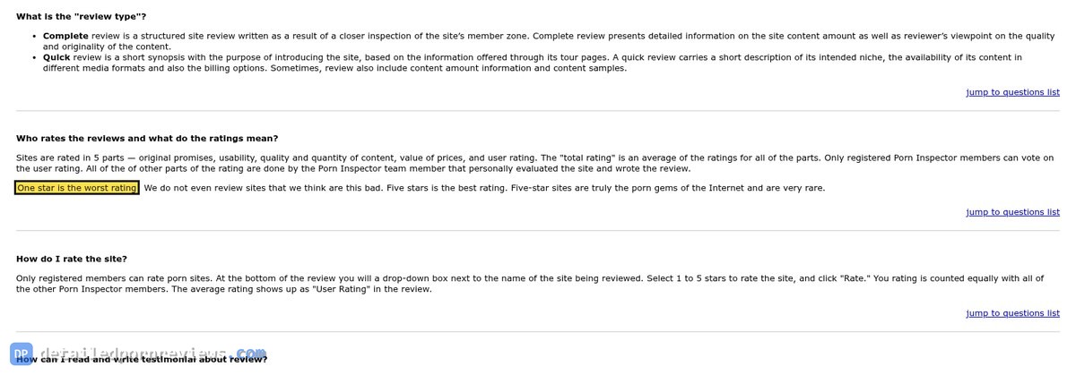 PornInspector FAQ answer Who rates the reviews and what do the ratings mean, with the sentence One star is the worst rating highlighted