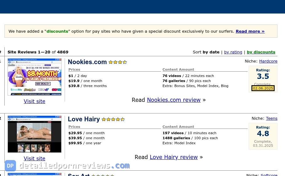 PornInspector Site Reviews 1-20 of 4869 sorted by date, first entry Nookies.com with the date 02.06.2025 highlighted, then Love Hairy