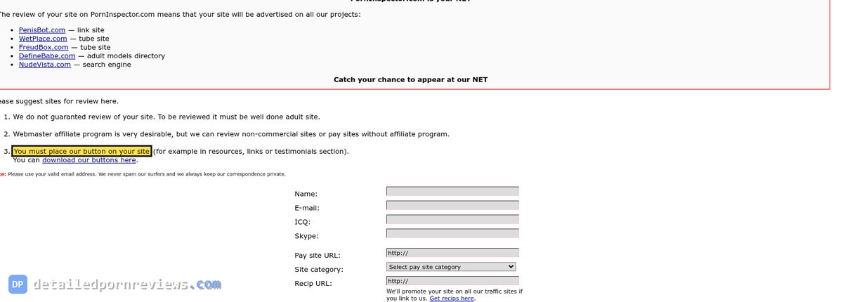 PornInspector review request page: list of the owner's projects, the rules for a review with You must place our button on your site highlighted, and the request form with a Recip URL field