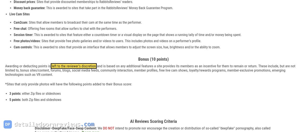 RabbitsReviews scoring criteria page: Features lines for discount prices and the Money Back Guarantee program, then the Bonus section with the phrase left to the reviewer's discretion highlighted