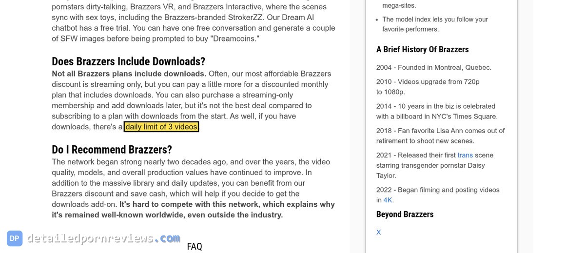 RabbitsReviews Brazzers review, section Does Brazzers Include Downloads, with daily limit of 3 videos highlighted