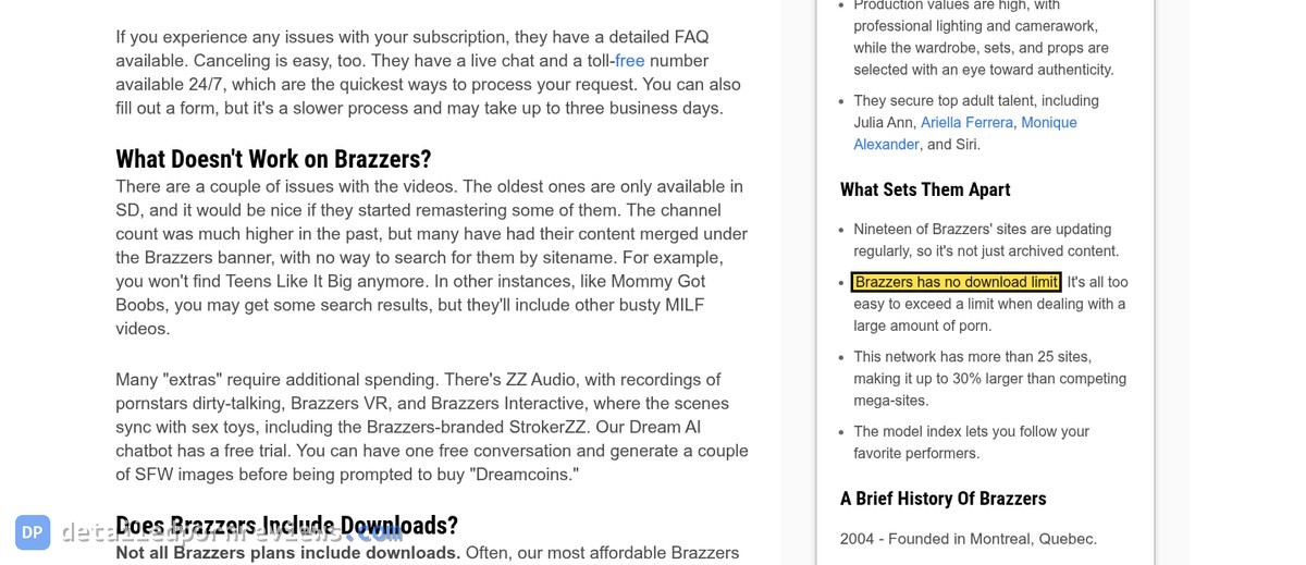 RabbitsReviews Brazzers review sidebar What Sets Them Apart with Brazzers has no download limit highlighted and a claim of more than 25 sites