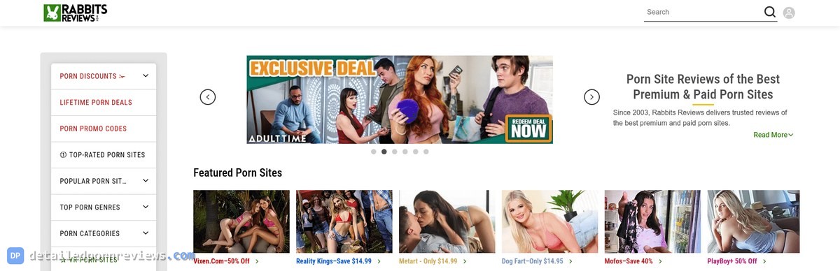 RabbitsReviews home page with a discounts menu on the left, an Adult Time exclusive deal banner and a Featured Porn Sites row with discount labels