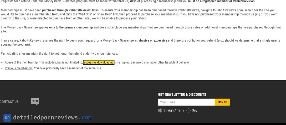 RabbitsReviews Money Back Guarantee terms: three-day window, purchase through RabbitsReviews links, primary membership only, and excessive downloading highlighted as a reason to refuse