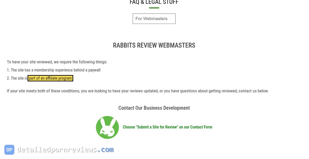 RabbitsReviews For Webmasters tab listing two requirements for a review: a paywall and being part of an affiliate program, the second highlighted