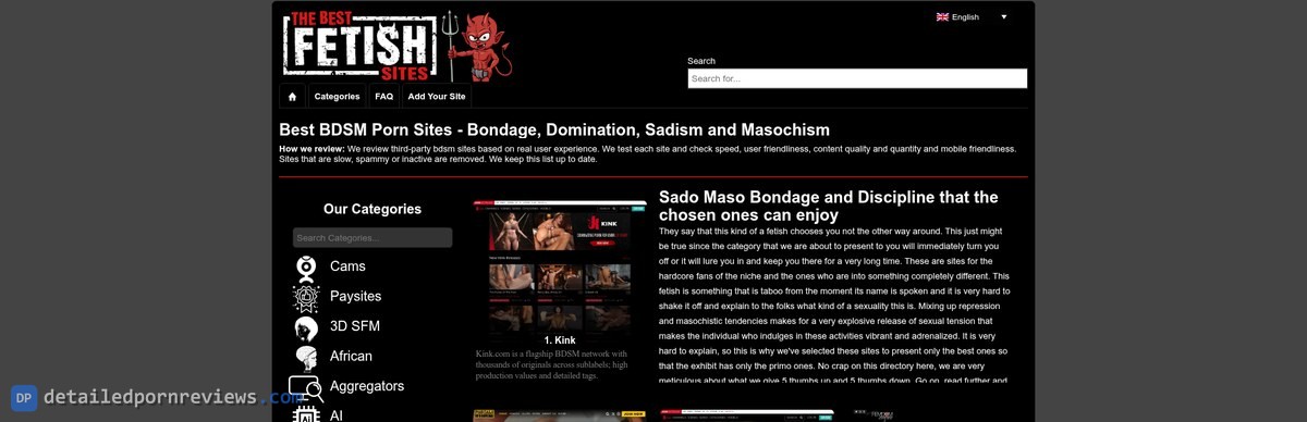 Top of the TheBestFetishSites BDSM list: logo, menu with Categories, FAQ and Add Your Site, the How we review line and Kink as entry number 1