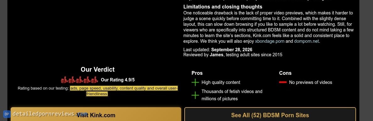 Kink review card on TheBestFetishSites: Our Rating 4.9/5, the highlighted line listing ads, page speed, usability, content quality and overall user-friendliness, pros and cons, and a See All (52) BDSM Porn Sites button