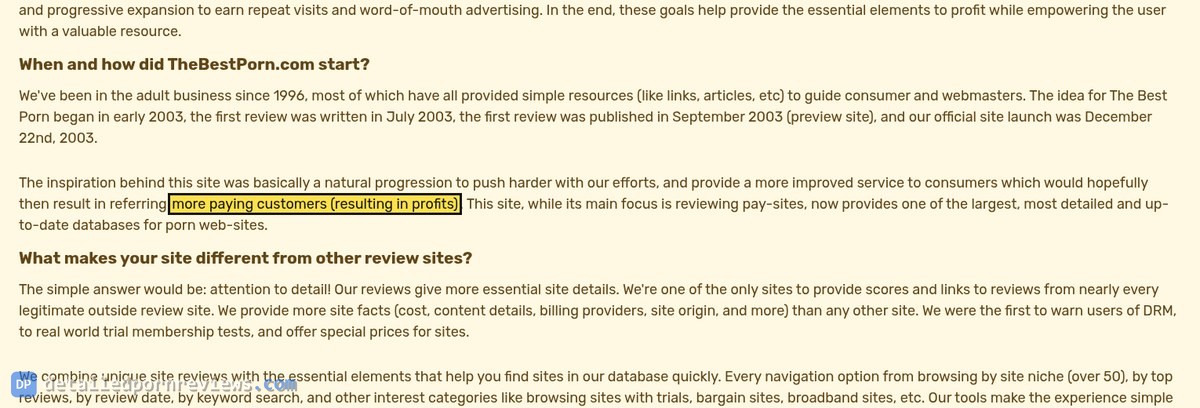 TheBestPorn FAQ answer to When and how did TheBestPorn.com start, with the phrase more paying customers (resulting in profits) highlighted