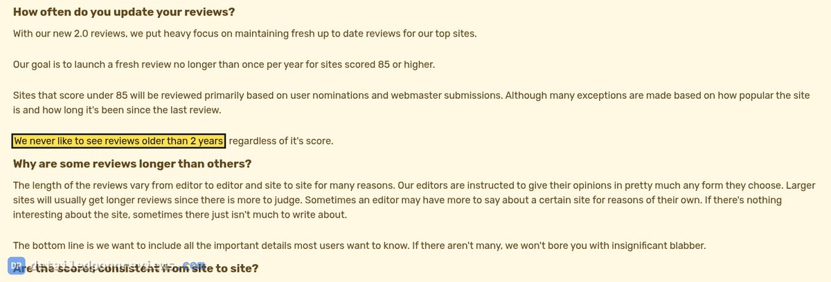 TheBestPorn FAQ answer to How often do you update your reviews, with the sentence We never like to see reviews older than 2 years highlighted