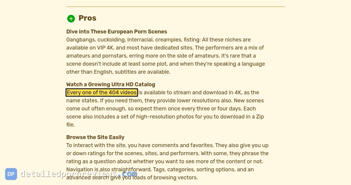 Pros section of TheBestPorn's VIP 4K review with the phrase Every one of the 404 videos highlighted under Watch a Growing Ultra HD Catalog