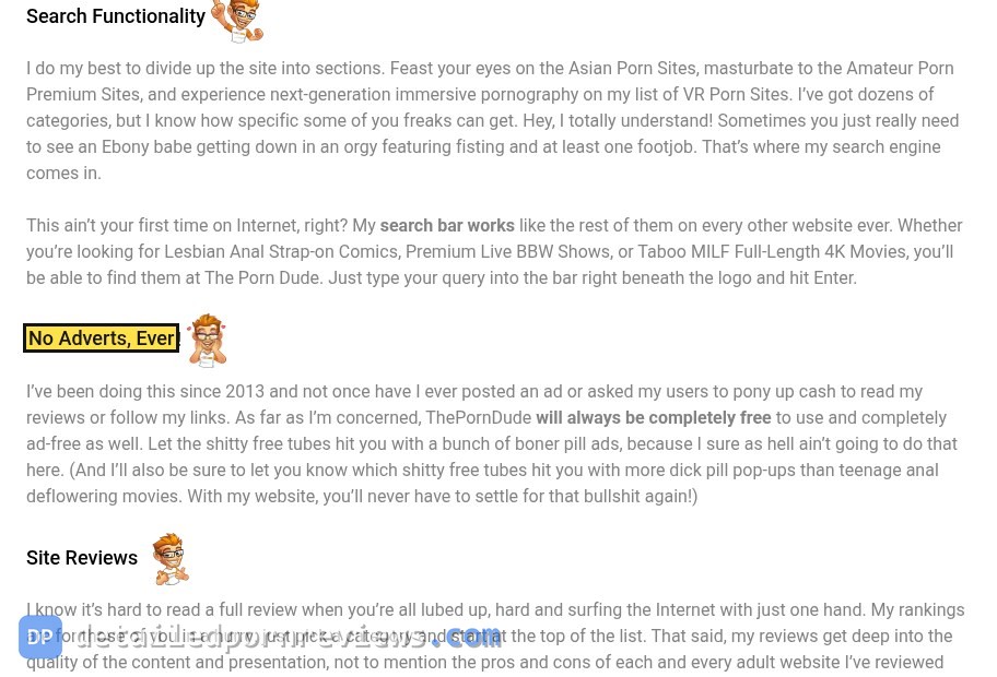 ThePornDude About page with the heading 'No Adverts, Ever' marked and the promise that the site will be completely ad-free