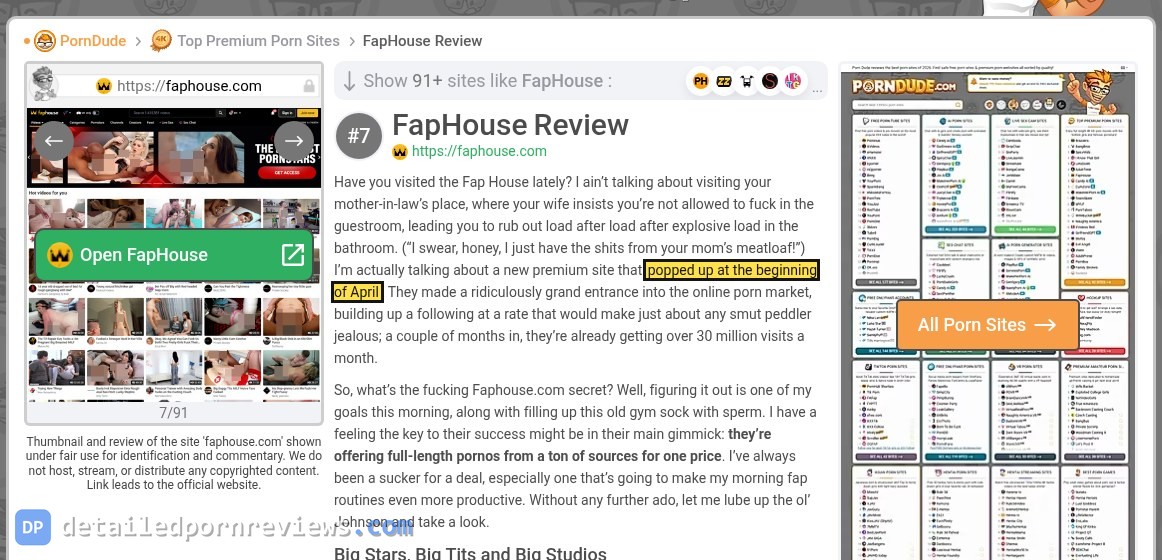 Top of ThePornDude's FapHouse review, ranked number 7 in Top Premium Porn Sites, with the phrase 'popped up at the beginning of April' marked and no date under the title