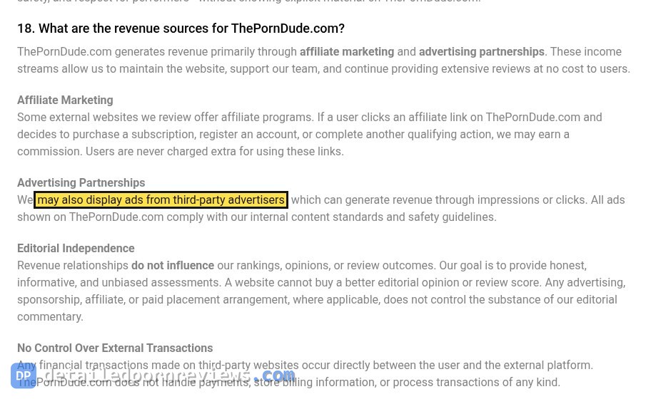 ThePornDude FAQ point 18 on revenue sources, with 'may also display ads from third-party advertisers' marked