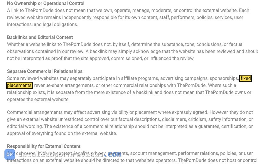 ThePornDude FAQ section 'Separate Commercial Relationships' with the words 'fixed placements' marked