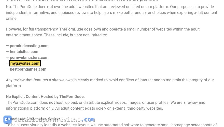 ThePornDude FAQ list of sites the team owns: porndudecasting.com, hentaisites.com, pornwebmasters.com, mygaysites.com and bestporngames.com
