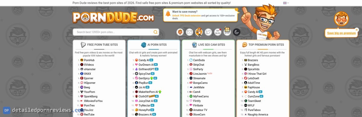 Top of the ThePornDude home page: numbered lists of free tube sites, AI porn sites, live cam sites and top premium porn sites, with Candy AI at 8 and CumZone at 9 in the premium list