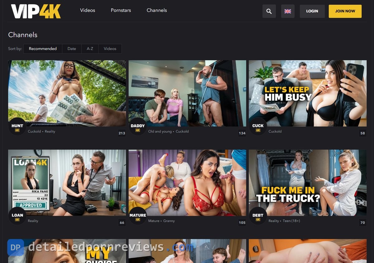 VIP4K channels page with category tags and scene counts per channel