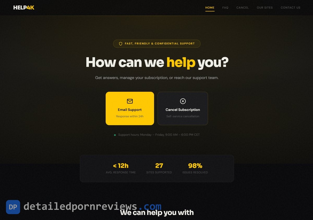 Help4K support site with email support, cancel subscription and support hours